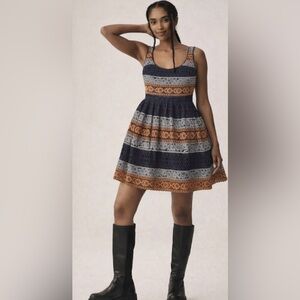 Anthropologie Maeve Crochet Dress Size 4 Blue Gold Stripe Lined Boho Motif
